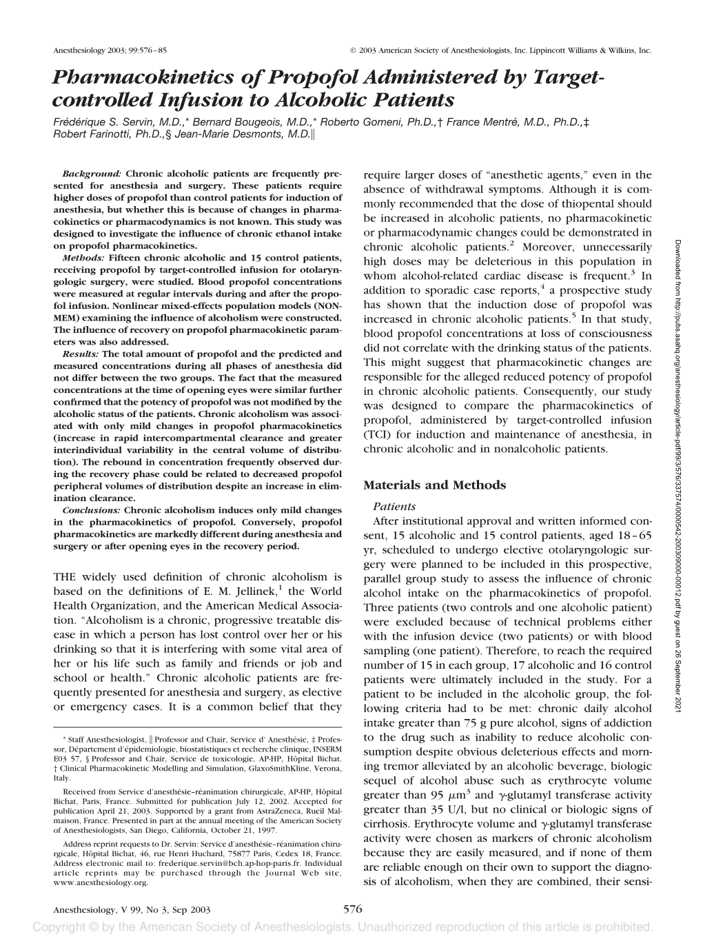 Pharmacokinetics of Propofol Administered by Target- Controlled Infusion to Alcoholic Patients Frédérique S