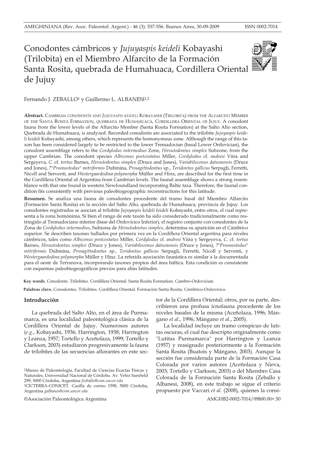 Conodontes Cámbricos Y Jujuyaspis Keideli Kobayashi (Trilobita)