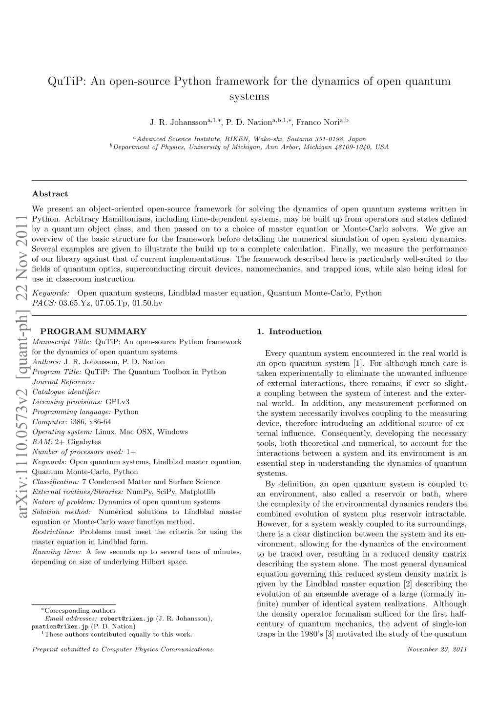 Arxiv:1110.0573V2 [Quant-Ph] 22 Nov 2011 Equation Or Monte-Carlo Wave Function Method