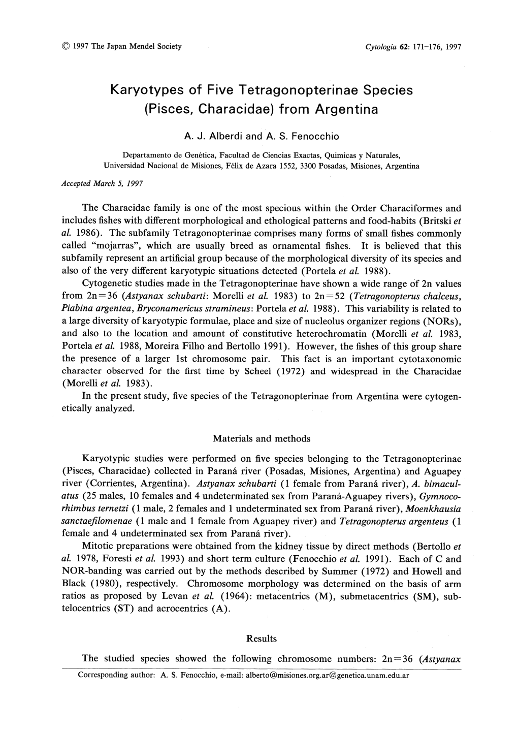 Karyotypes of Five Tetragonopterinae Species (Pisces, Characidae) from Argentina