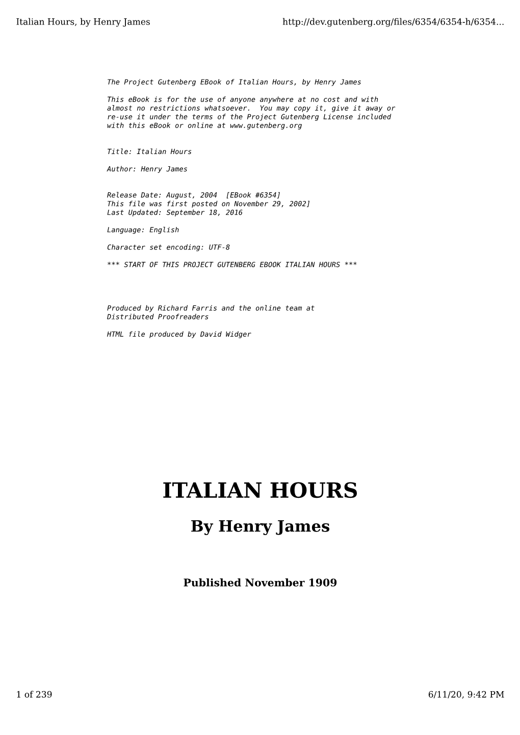 ITALIAN HOURS by Henry James