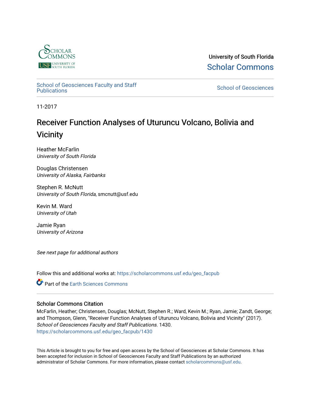 Receiver Function Analyses of Uturuncu Volcano, Bolivia and Vicinity