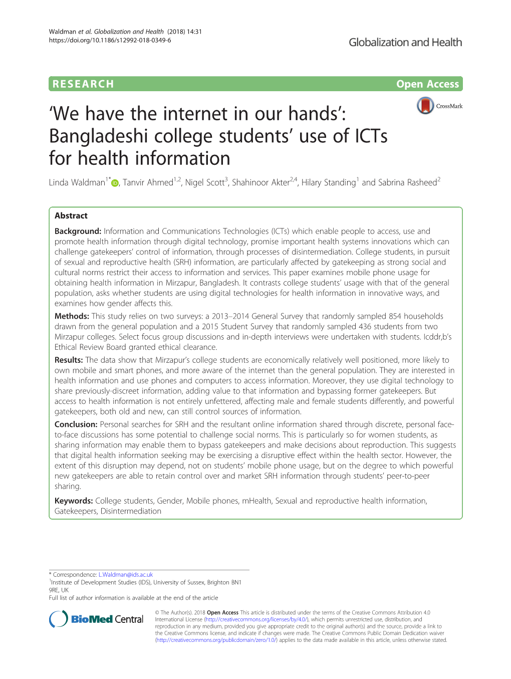 Bangladeshi College Students' Use of Icts for Health Information
