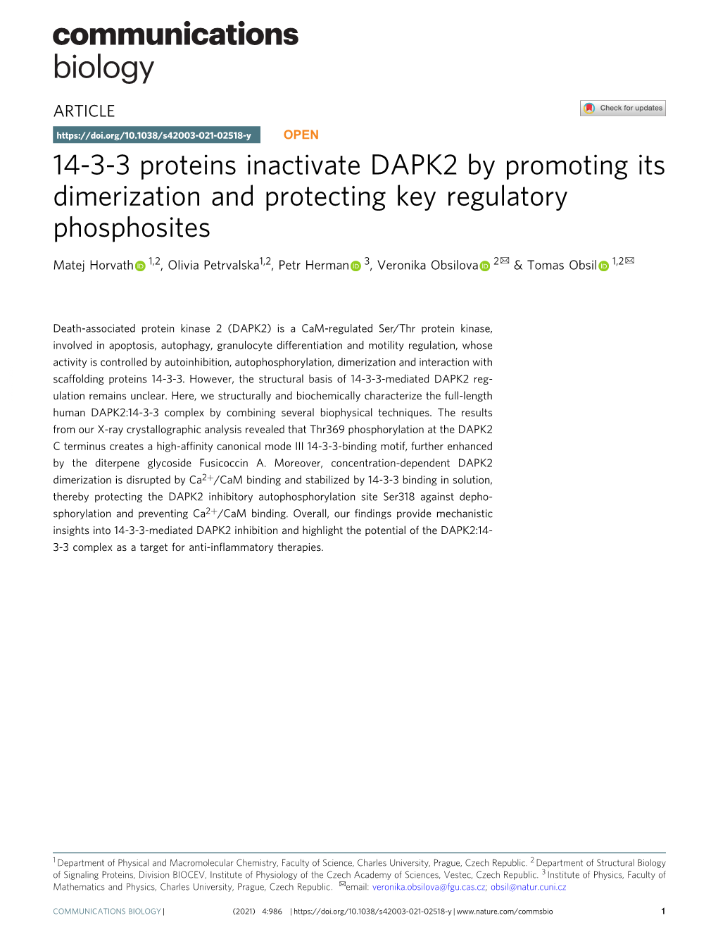 14-3-3 Proteins Inactivate DAPK2 by Promoting Its Dimerization And