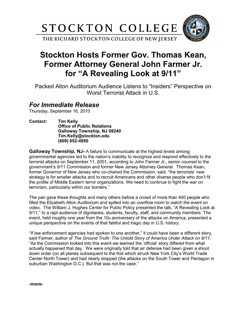 Stockton Hosts Former Gov. Thomas Kean, Former Attorney General John Farmer Jr