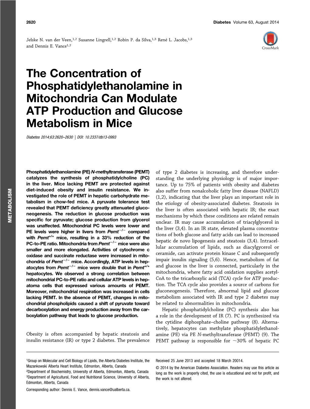 The Concentration of Phosphatidylethanolamine in Mitochondria Can Modulate ATP Production and Glucose Metabolism in Mice