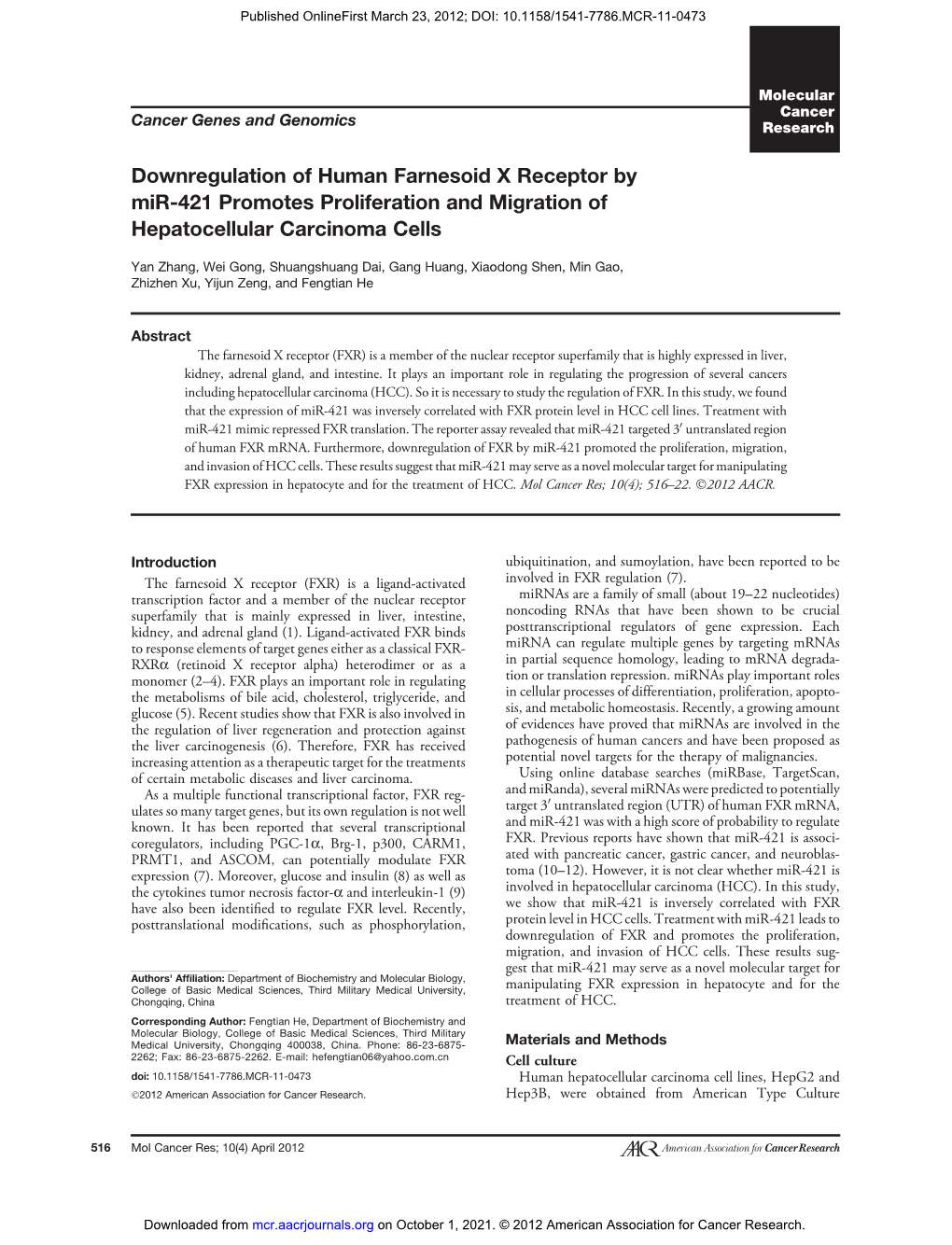 Downregulation of Human Farnesoid X Receptor by Mir-421 Promotes Proliferation and Migration of Hepatocellular Carcinoma Cells