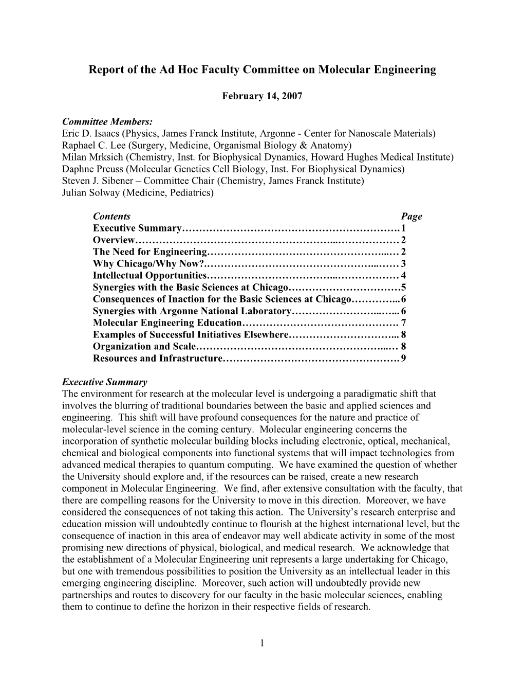 2007 Report of the Ad Hoc Faculty Committee on Molecular