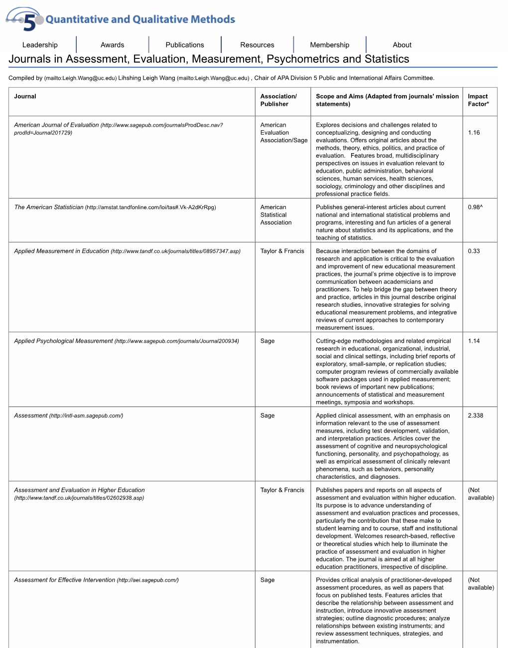 Journals in Assessment, Evaluation, Measurement, Psychometrics and Statistics