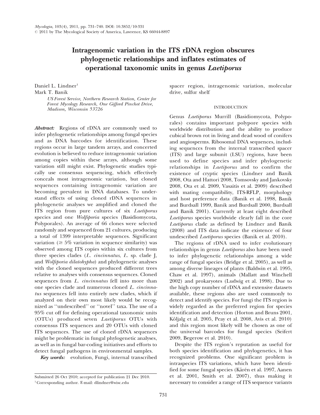 Intragenomic Variation in the ITS Rdna Region Obscures Phylogenetic Relationships and Inflates Estimates of Operational Taxonomic Units in Genus Laetiporus