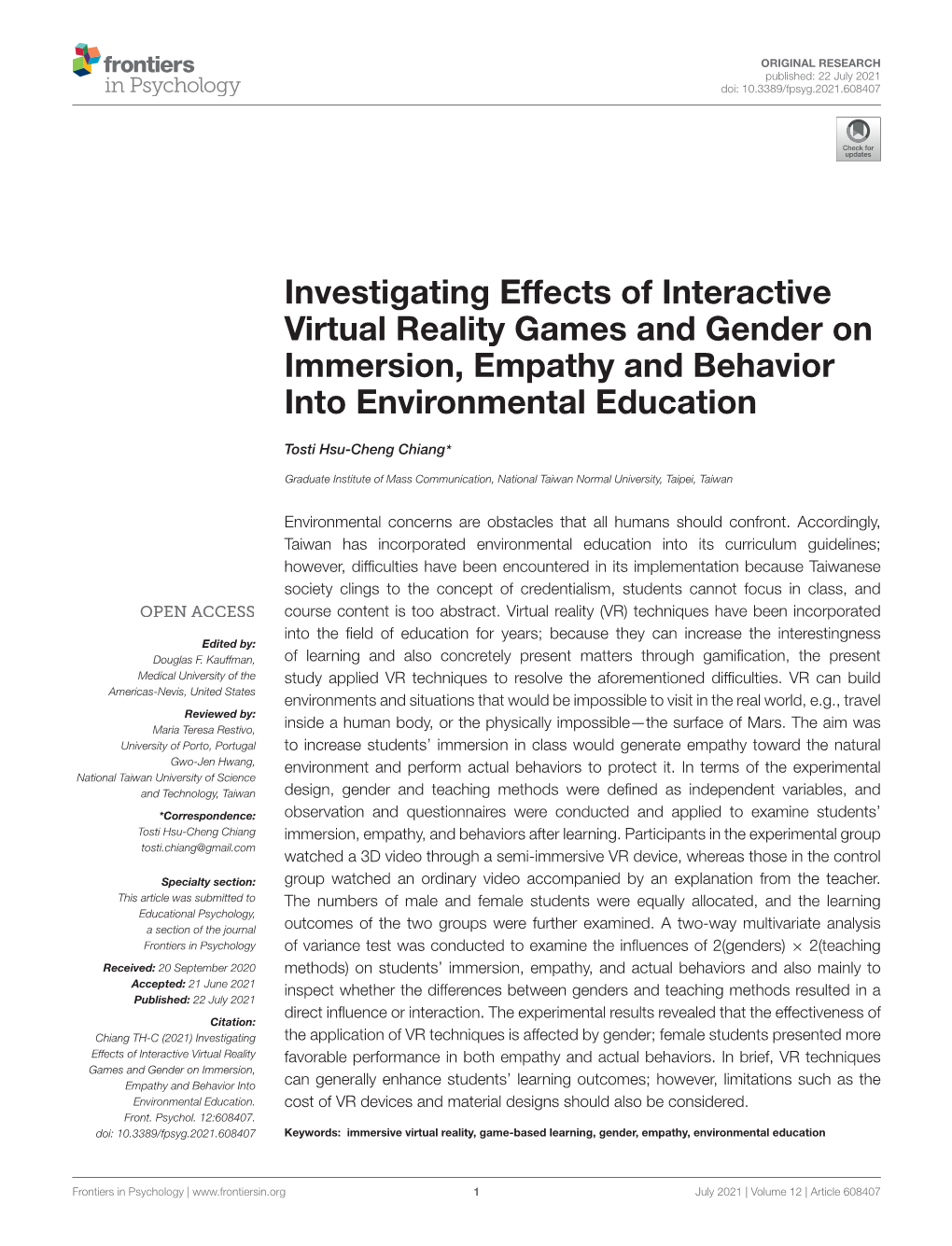 Investigating Effects of Interactive Virtual Reality Games and Gender on Immersion, Empathy and Behavior Into Environmental Education