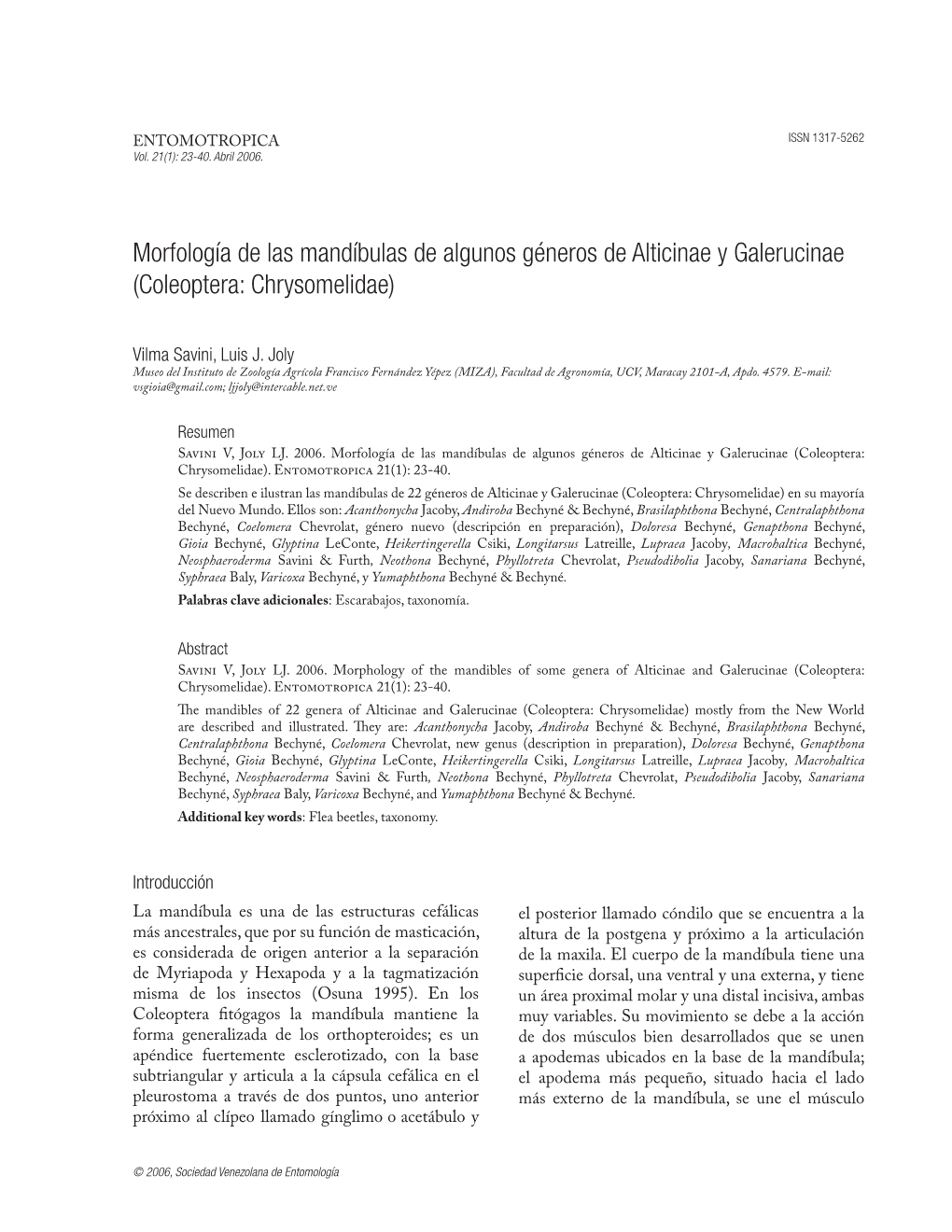 Morfología De Las Mandíbulas De Algunos Géneros De Alticinae Y Galerucinae (Coleoptera: Chrysomelidae)