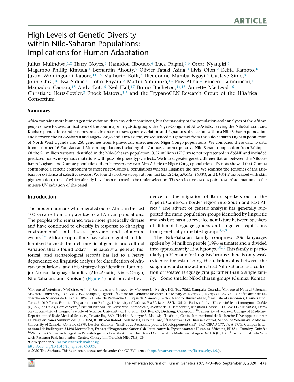 High Levels of Genetic Diversity Within Nilo-Saharan Populations: Implications for Human Adaptation