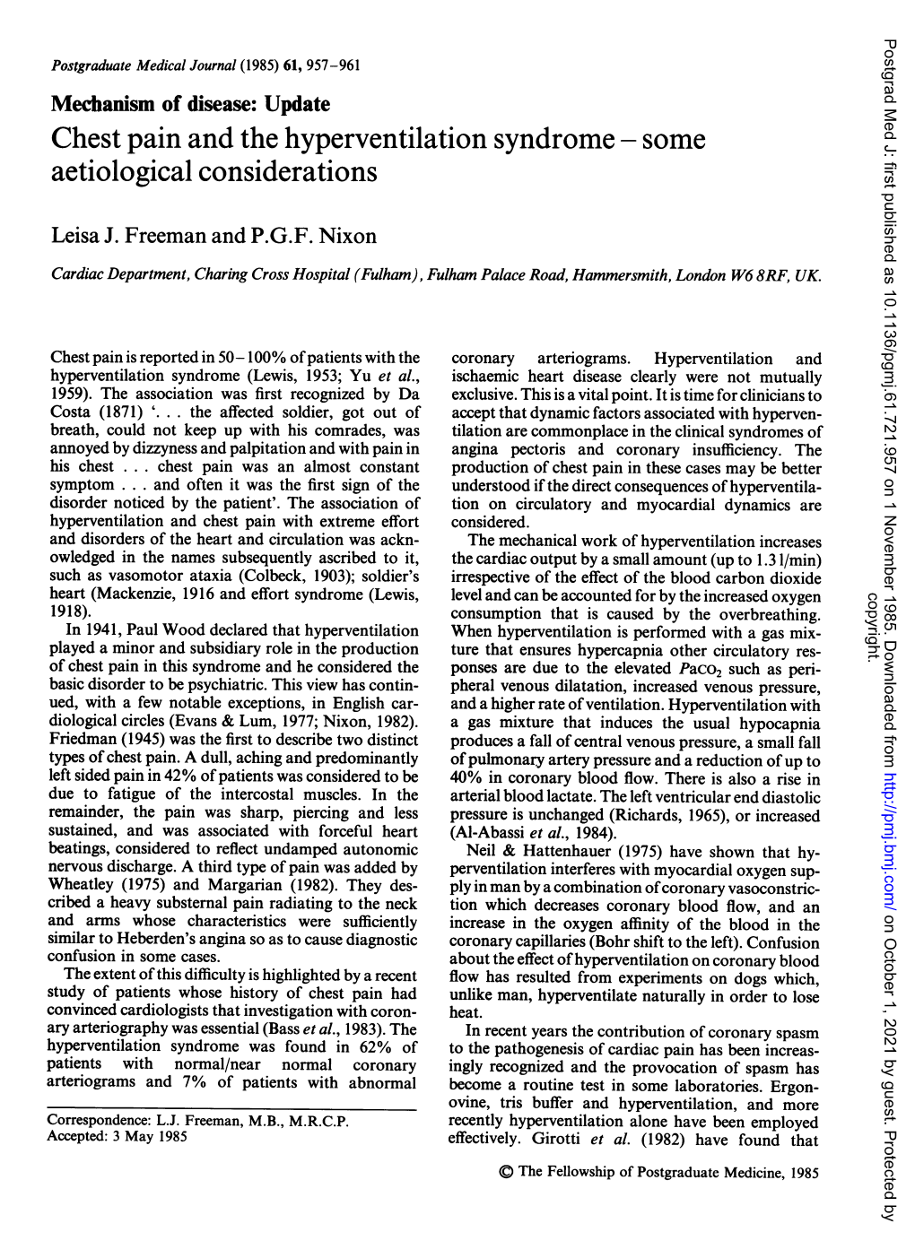 Chest Pain and the Hyperventilation Syndrome - Some Aetiological Considerations