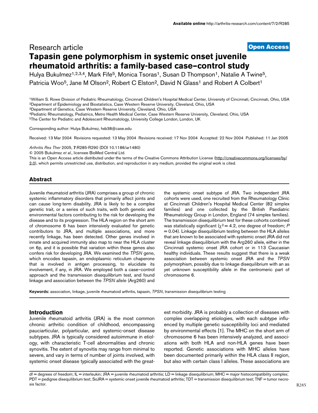 Tapasin Gene Polymorphism in Systemic Onset Juvenile Rheumatoid Arthritis