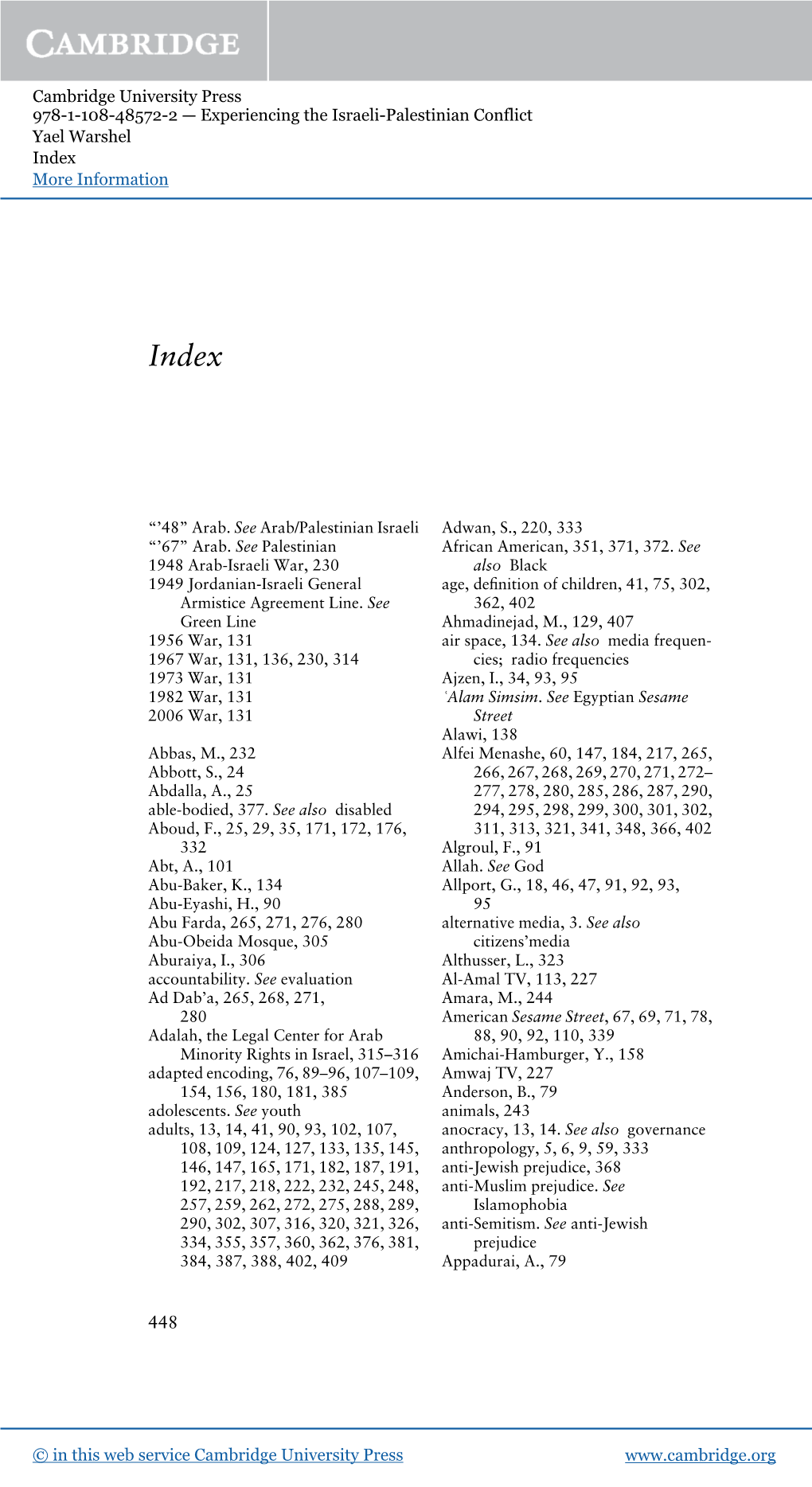 Cambridge University Press 978-1-108-48572-2 — Experiencing the Israeli-Palestinian Conflict Yael Warshel Index More Information