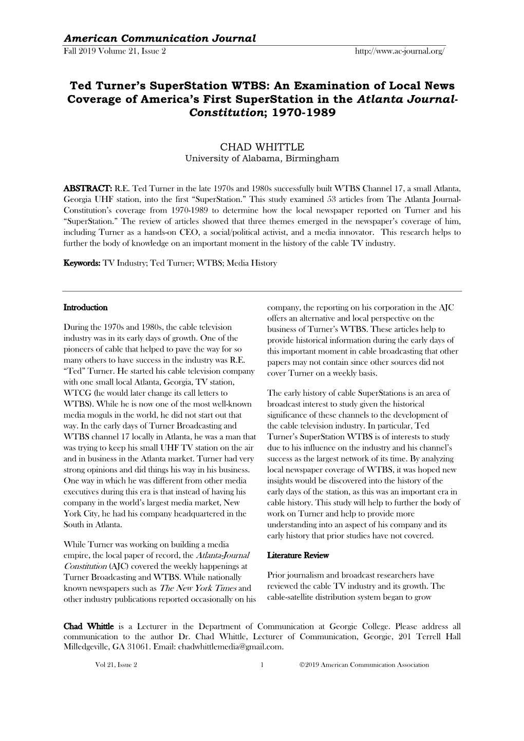 Superstation WTBS: an Examination of Local News Coverage of America’S First Superstation in the Atlanta Journal- Constitution; 1970-1989