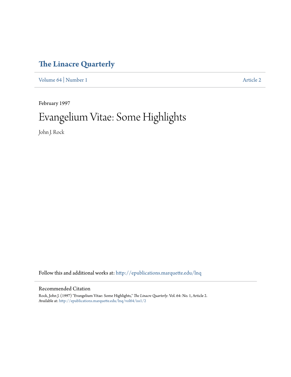 Evangelium Vitae: Some Highlights John J