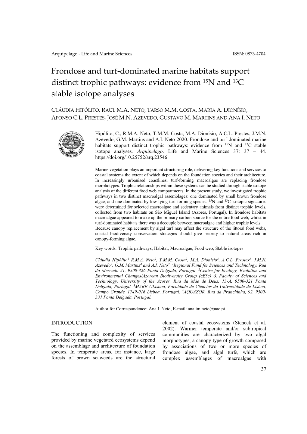 Frondose and Turf-Dominated Marine Habitats Support Distinct Trophic Pathways: Evidence from 15N and 13C Stable Isotope Analyses