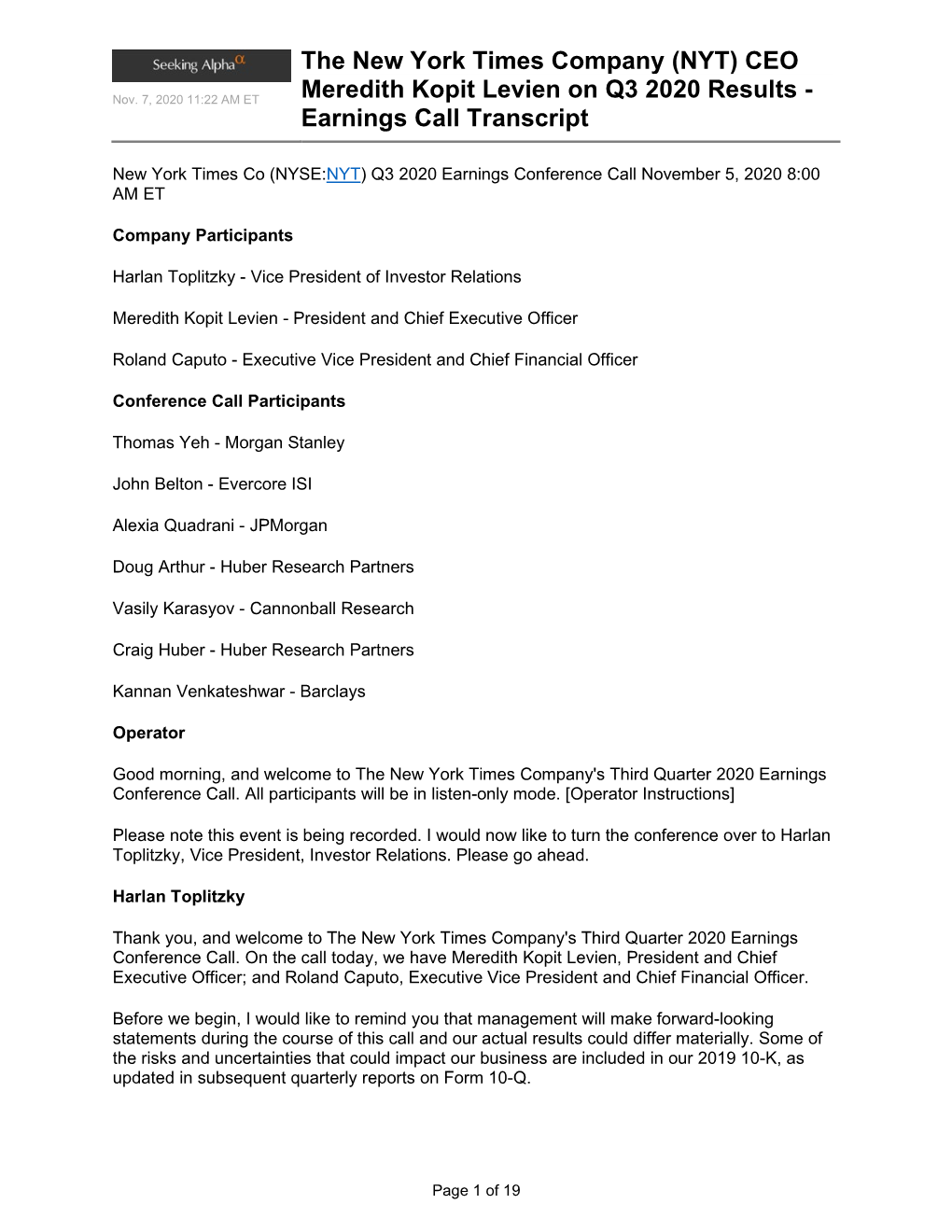 Transcript: November 5, 2020, Earnings Call of the New York Times