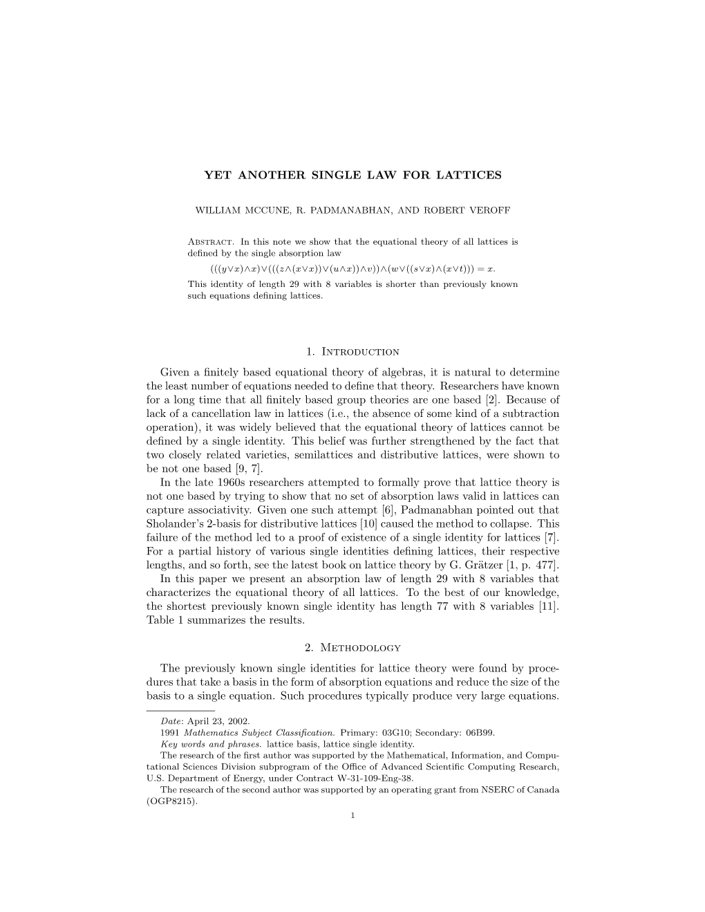 YET ANOTHER SINGLE LAW for LATTICES 1. Introduction Given A