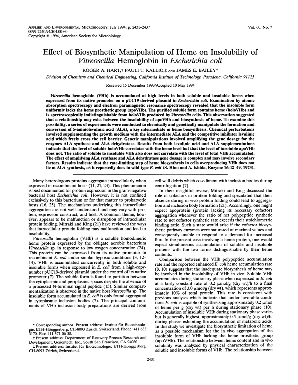 Vitreoscilla Hemoglobin in Escherichia Coli ROGER A