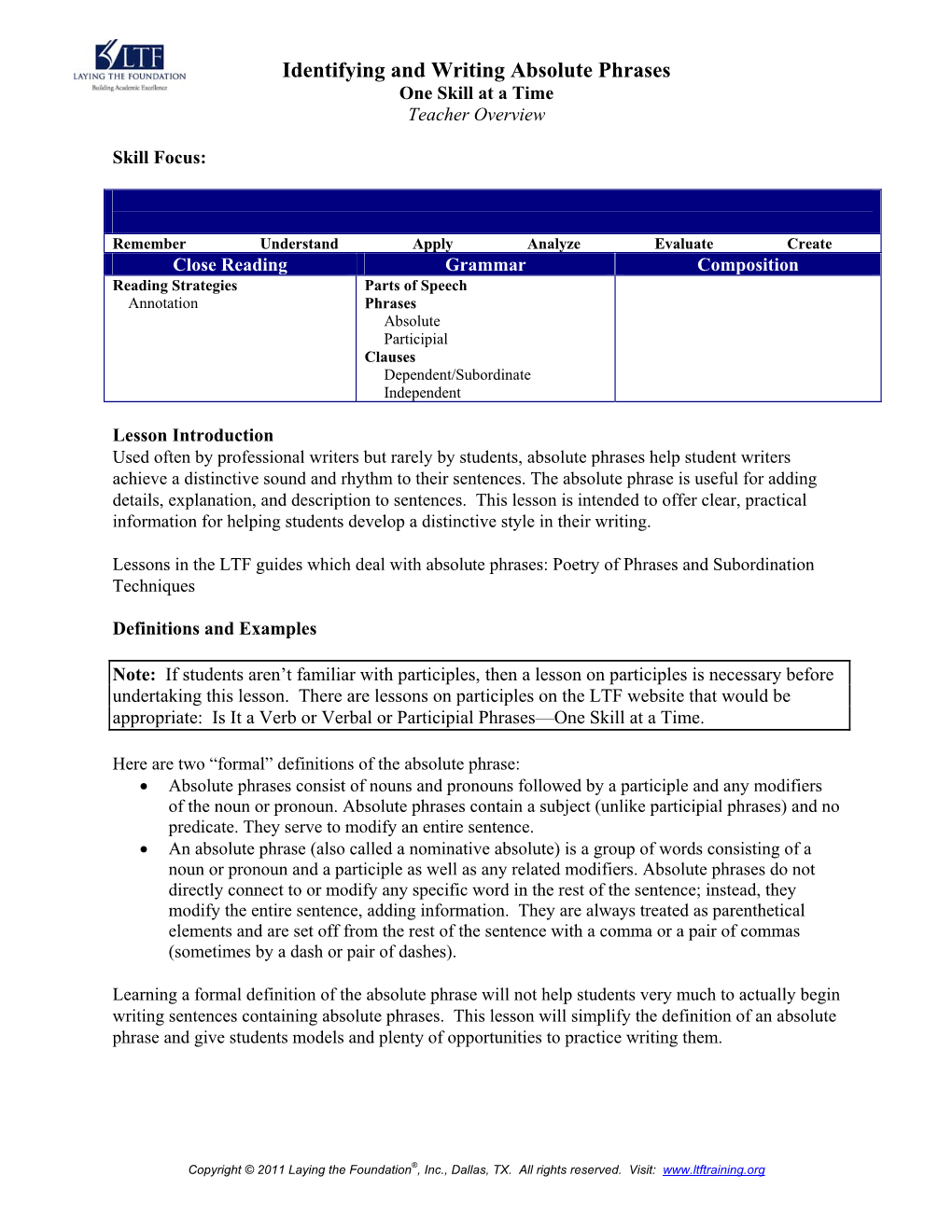 Identifying and Writing Absolute Phrases One Skill at a Time Teacher Overview