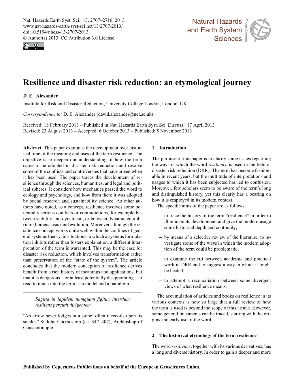 Resilience and Disaster Risk Reduction: an Etymological Journey