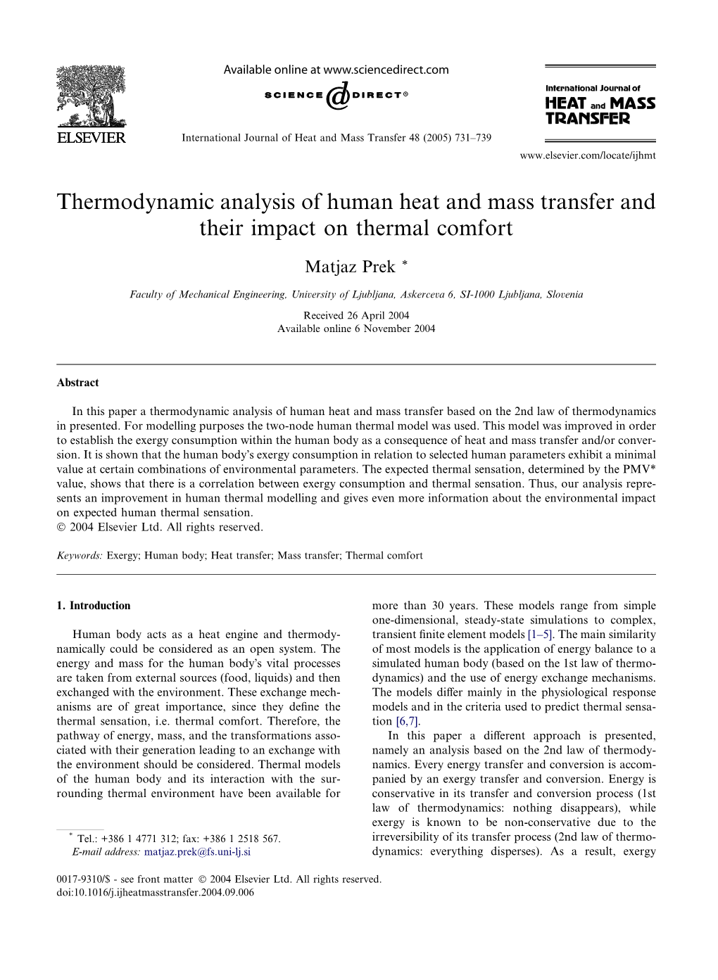 Thermodynamic Analysis of Human Heat and Mass Transfer and Their Impact on Thermal Comfort