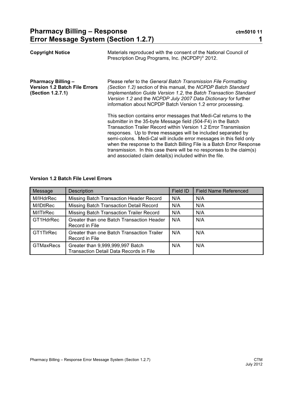 Pharmacy Billing Response Error Message System (Section 1.2.7) (Ctm5010 11)