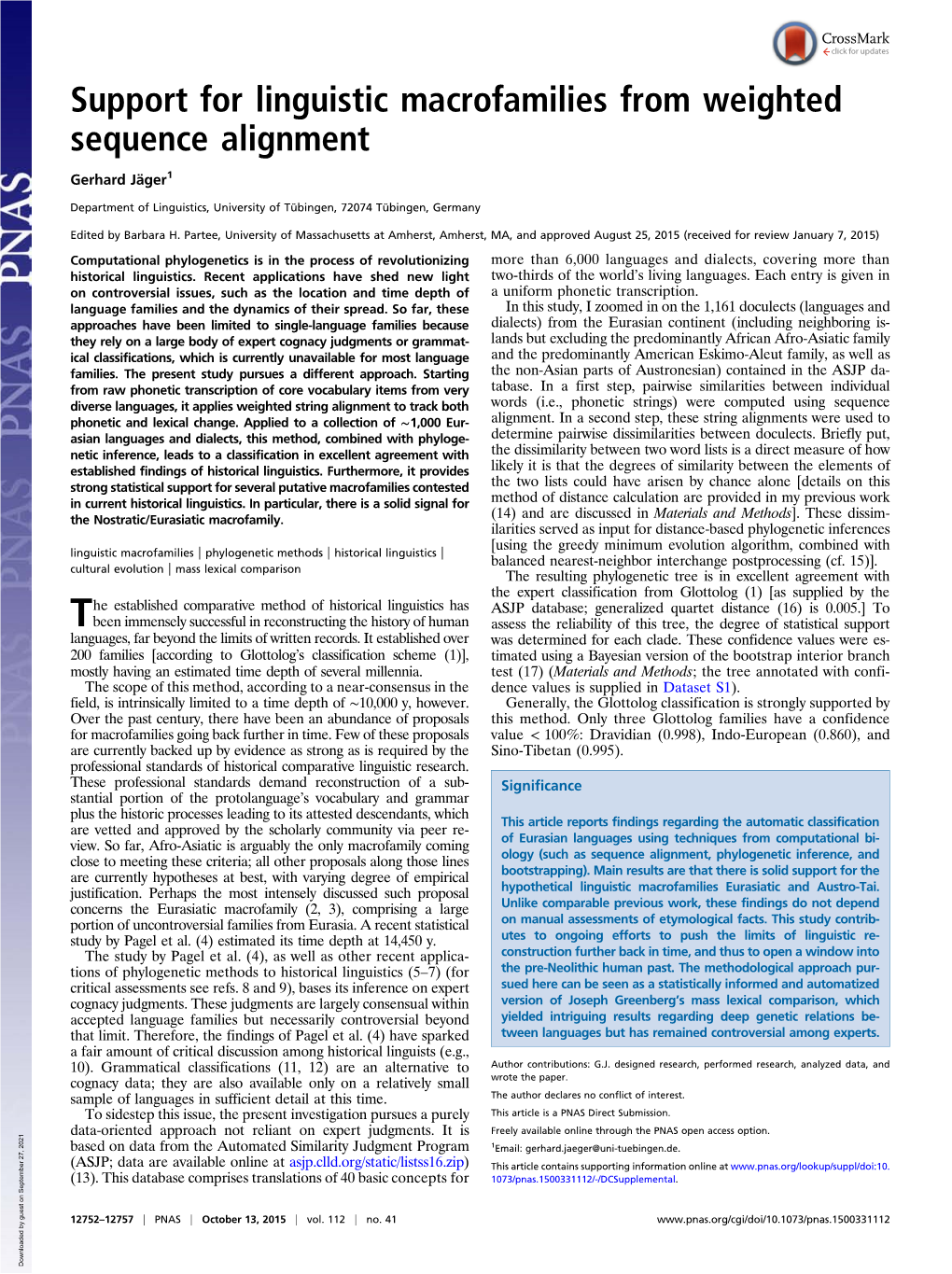 Support for Linguistic Macrofamilies from Weighted Sequence Alignment