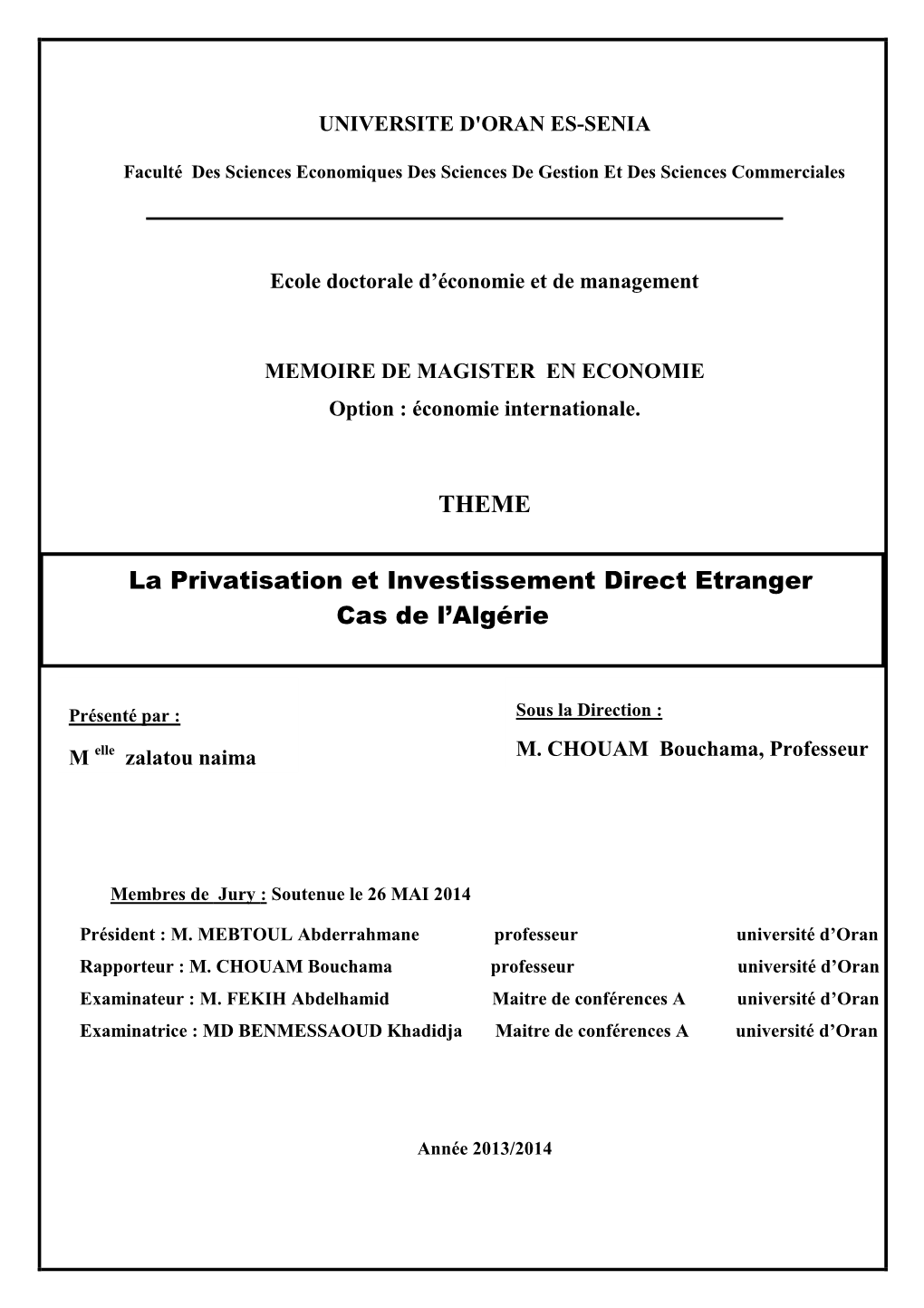 THEME La Privatisation Et Investissement Direct Etranger Cas De L'algérie