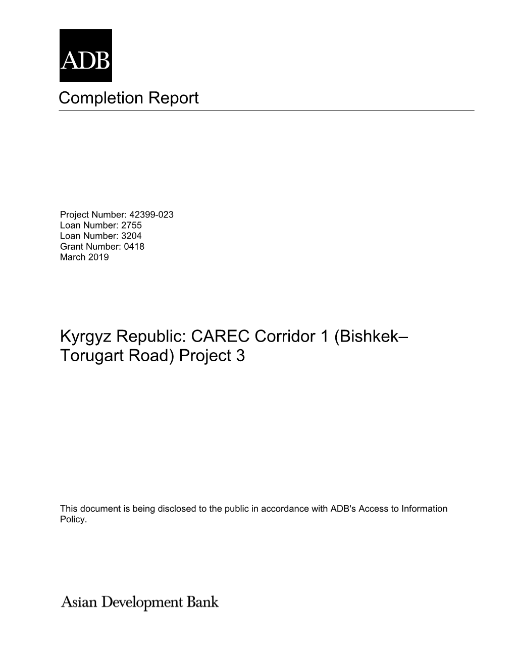 42399-023: CAREC Transport Corridor I (Bishkek-Torugart Road