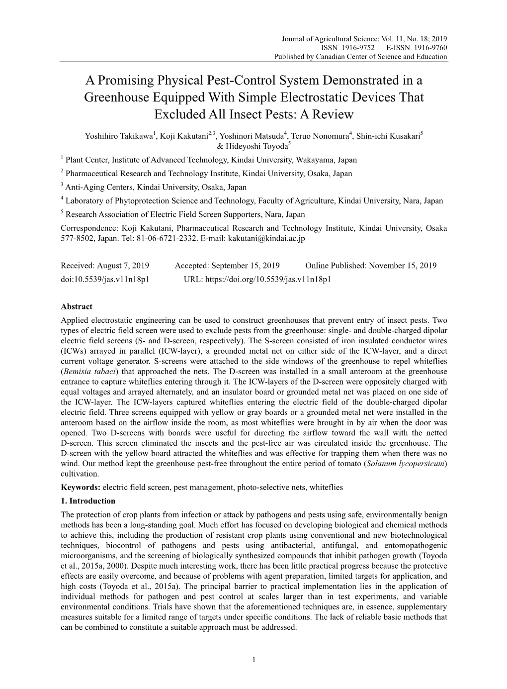 A Promising Physical Pest-Control System Demonstrated in a Greenhouse Equipped with Simple Electrostatic Devices That Excluded All Insect Pests: a Review