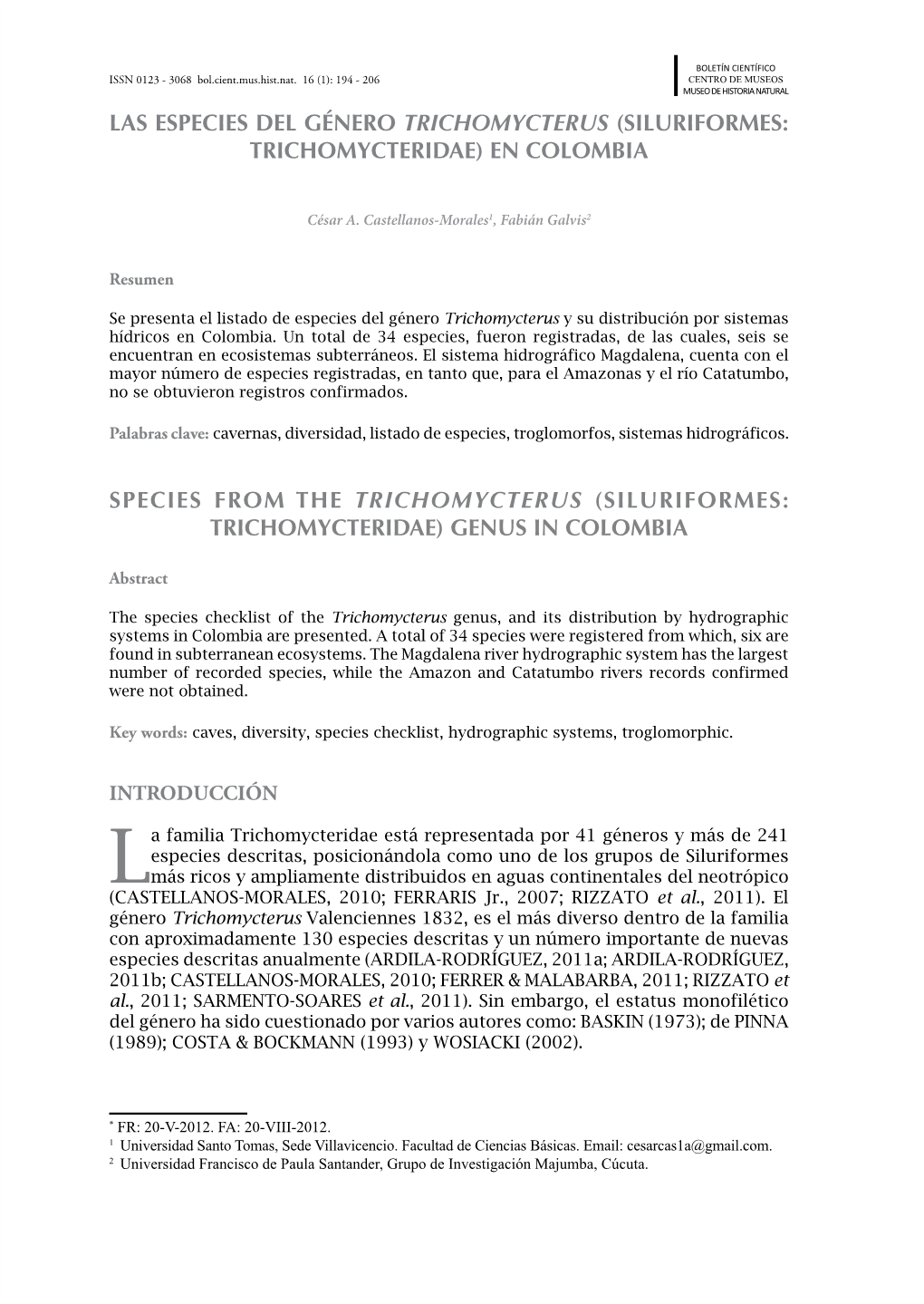 Las Especies Del Género Trichomycterus (Siluriformes: Trichomycteridae) En Colombia