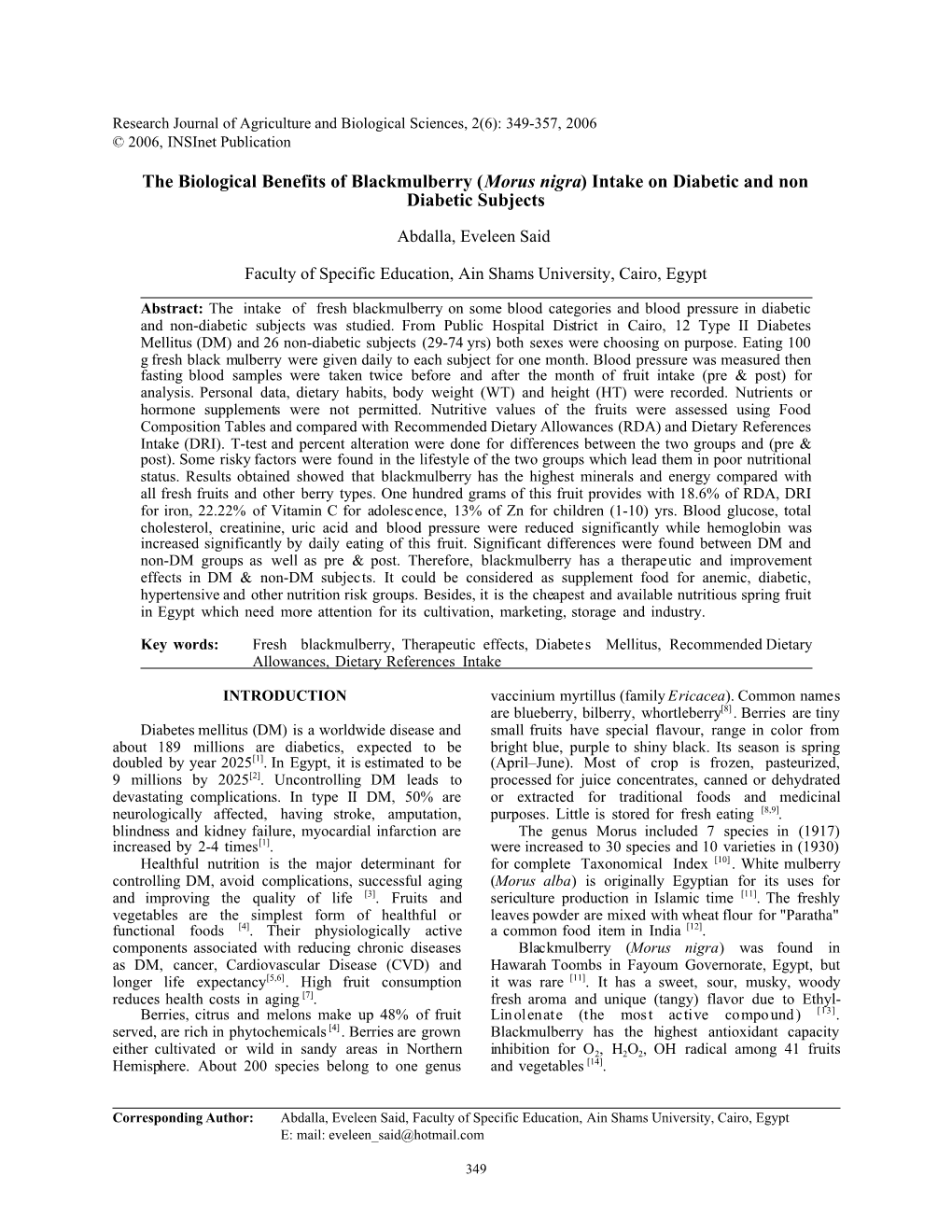 The Biological Benefits of Blackmulberry (Morus Nigra) Intake on Diabetic and Non Diabetic Subjects