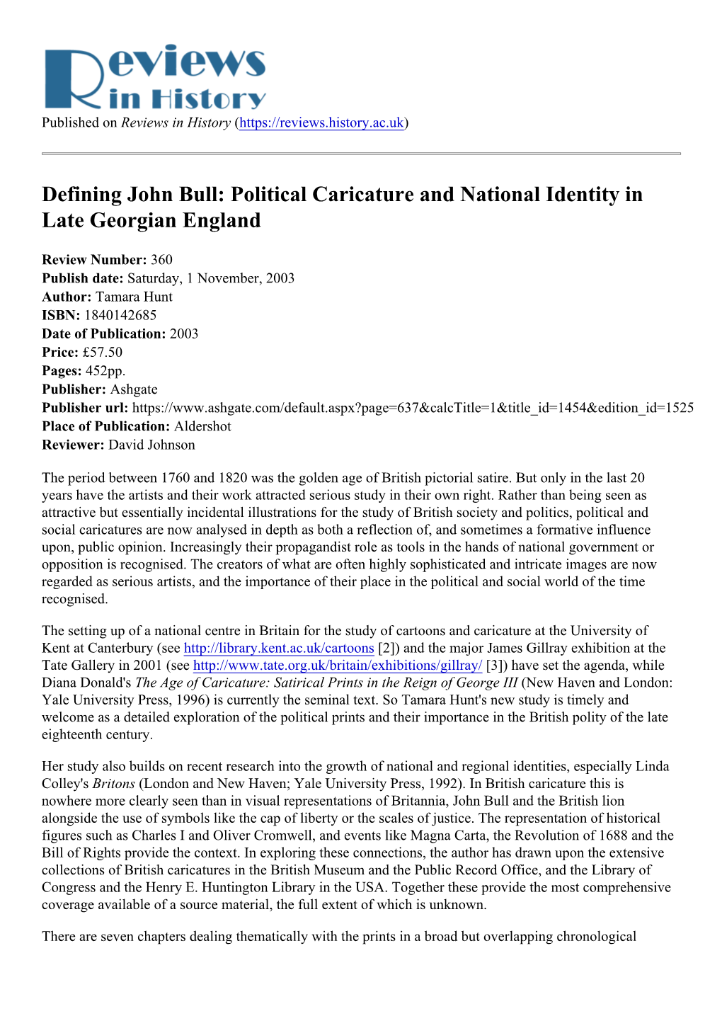 Defining John Bull: Political Caricature and National Identity in Late Georgian England