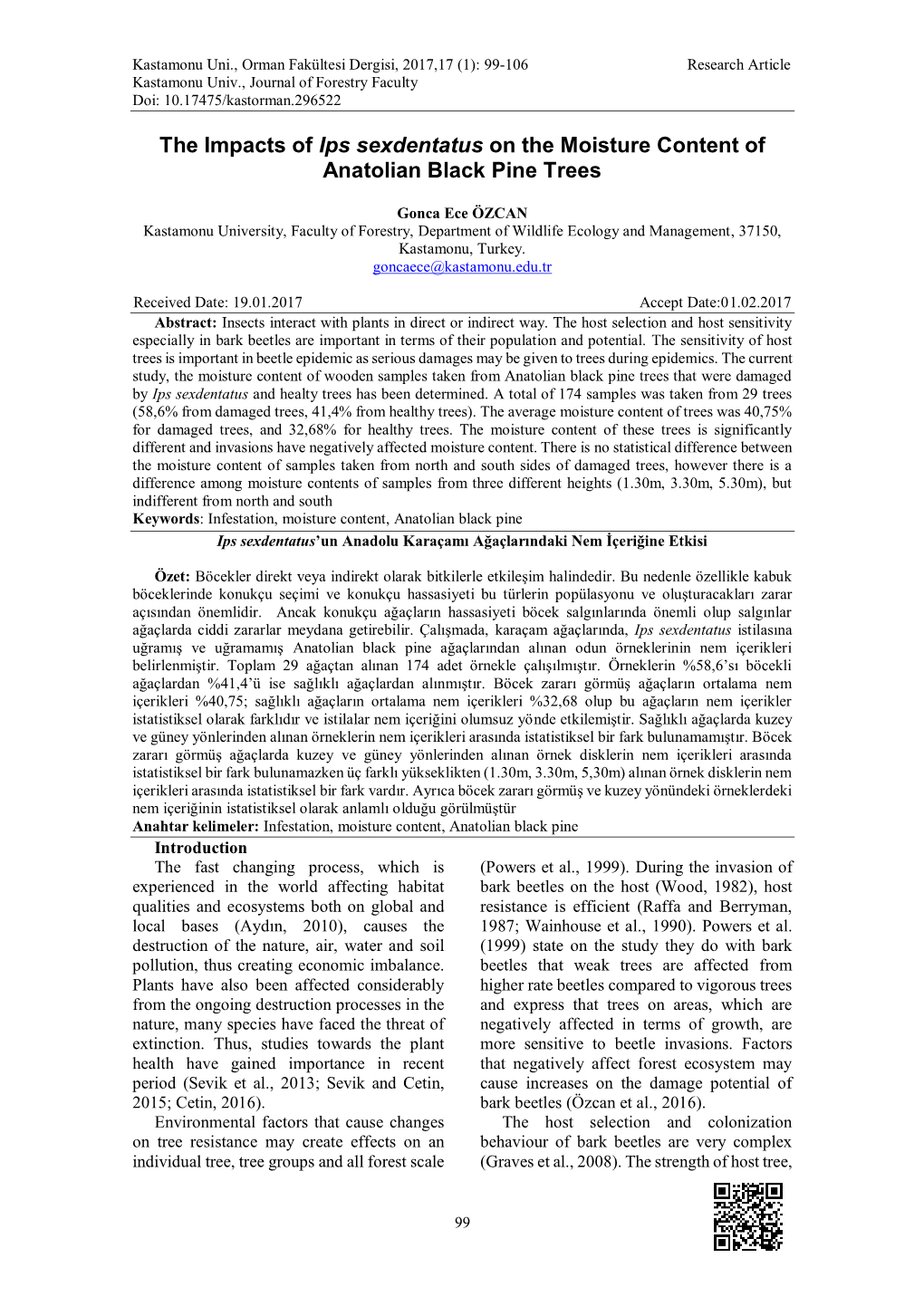 The Impacts of Ips Sexdentatus on the Moisture Content of Anatolian Black Pine Trees