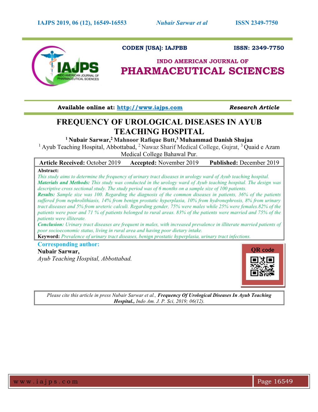 Frequency of Urological Diseases in Ayub Teaching Hospital