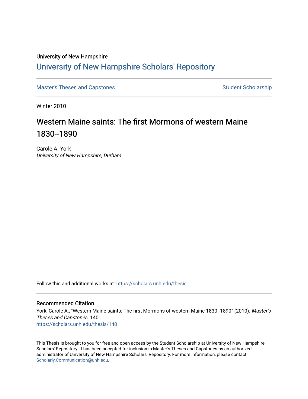 The First Mormons of Western Maine 1830--1890