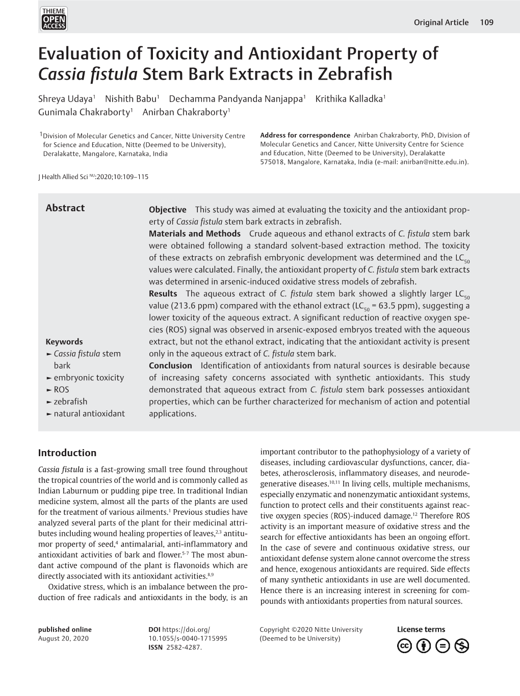 Evaluation of Toxicity and Antioxidant Property of Cassia Fistula Stem Bark Extracts in Zebrafish