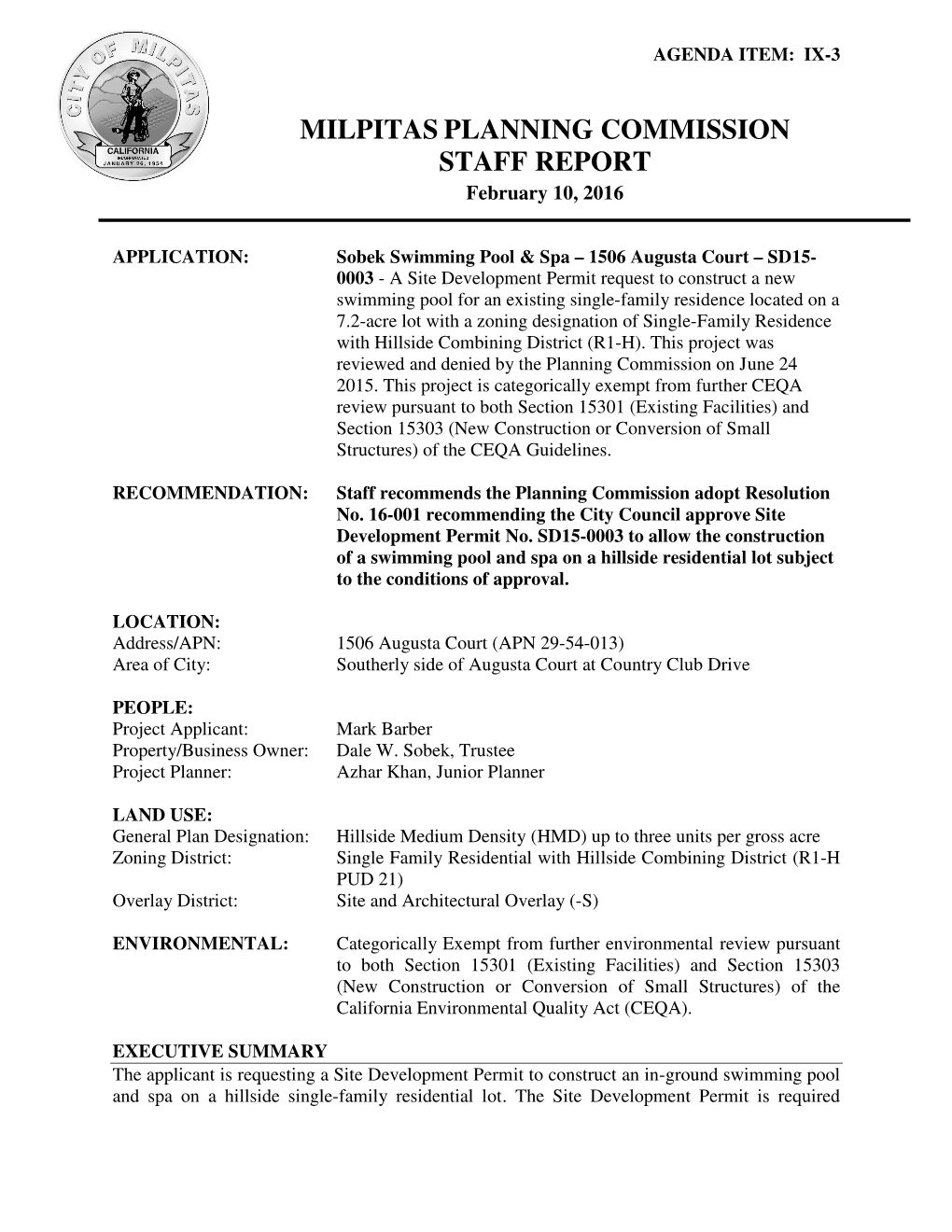 Milpitas Planning Commission Staff Report