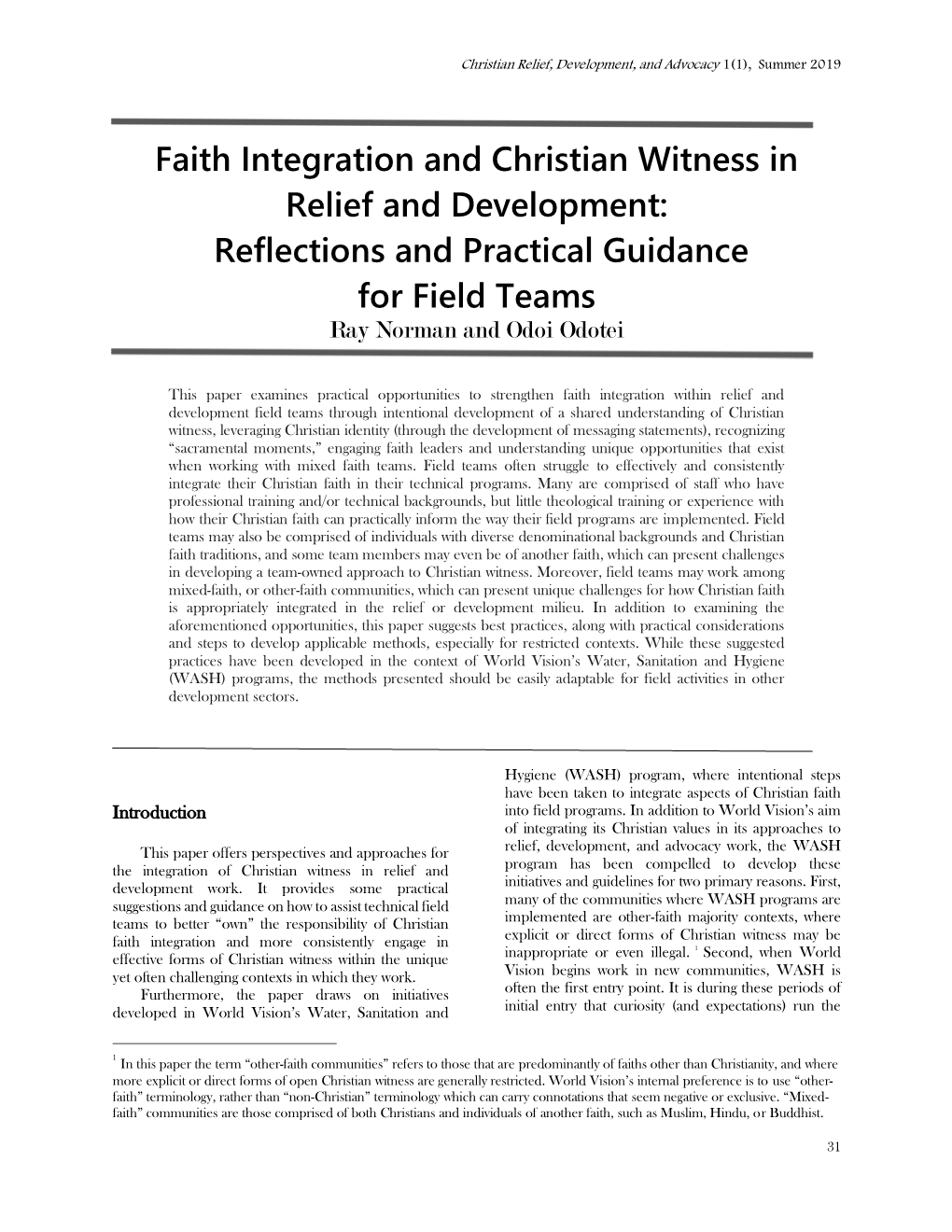 Faith Integration and Christian Witness in Relief and Development: Reflections and Practical Guidance