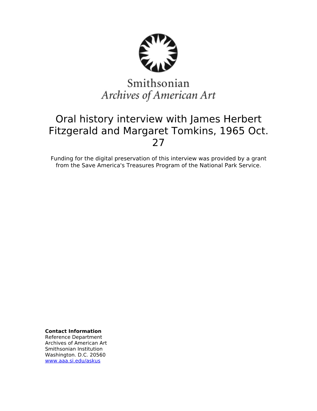 Oral History Interview with James Herbert Fitzgerald and Margaret Tomkins, 1965 Oct