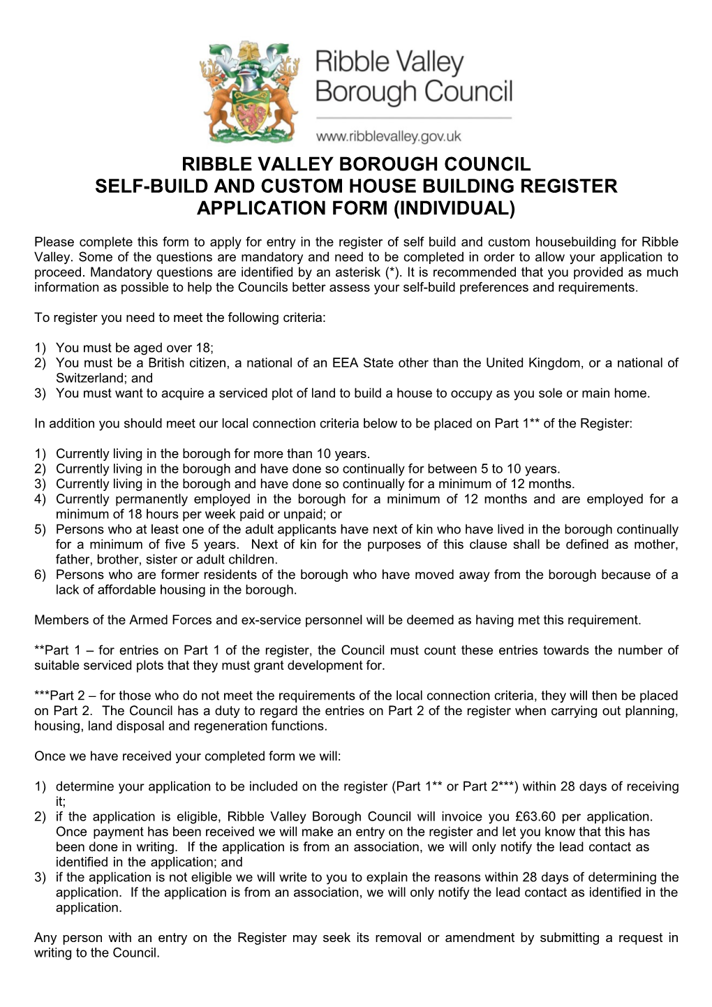 Ribble Valley Borough Council Self-Build and Custom House Building Register Application Form (Individual)