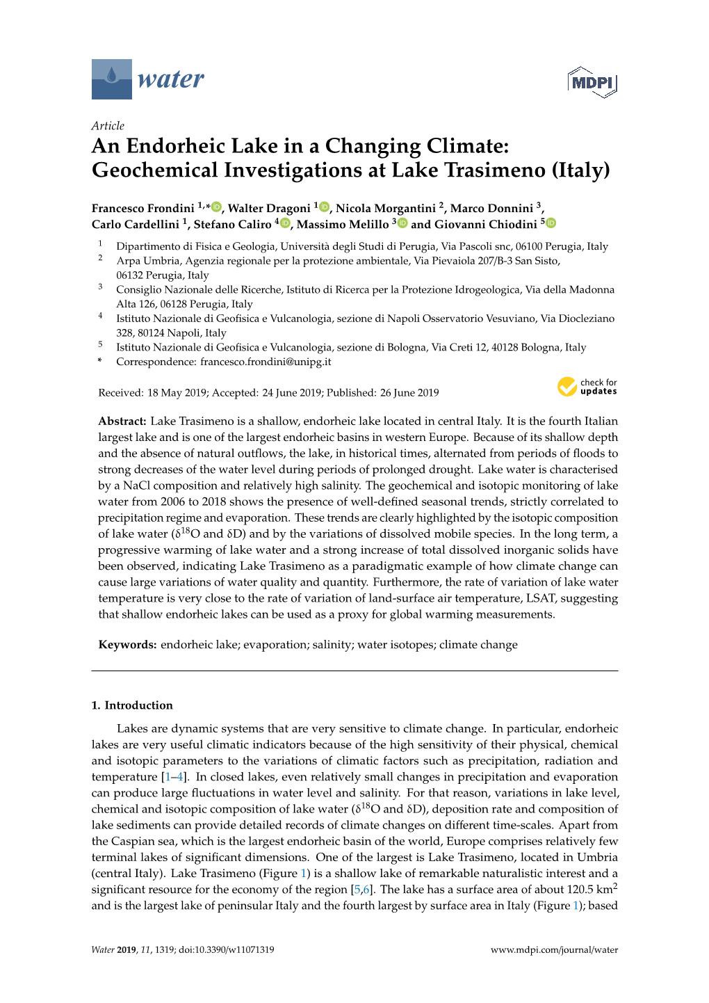 An Endorheic Lake in a Changing Climate: Geochemical Investigations at Lake Trasimeno (Italy)