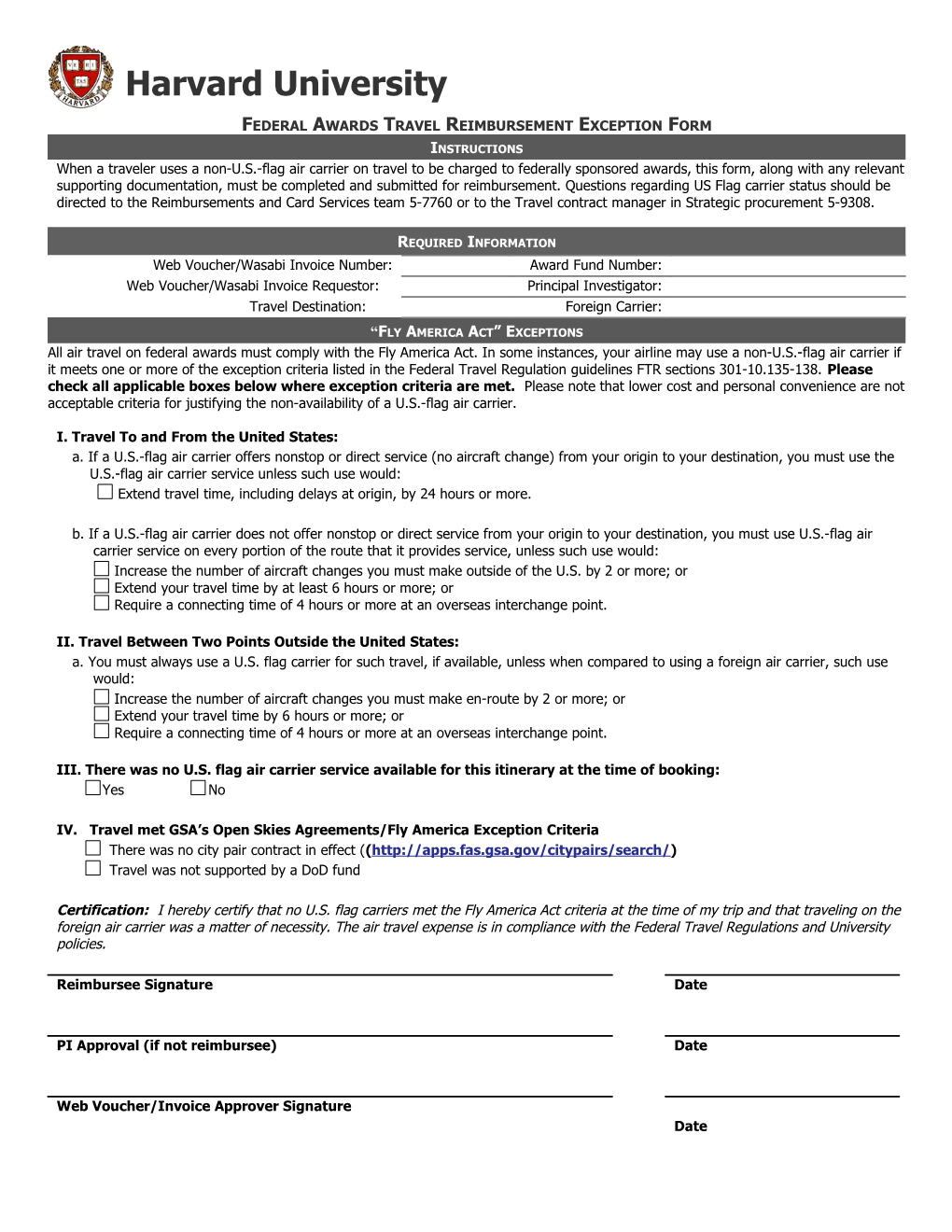 Federal Awards Travel Reimbursement Exception Form