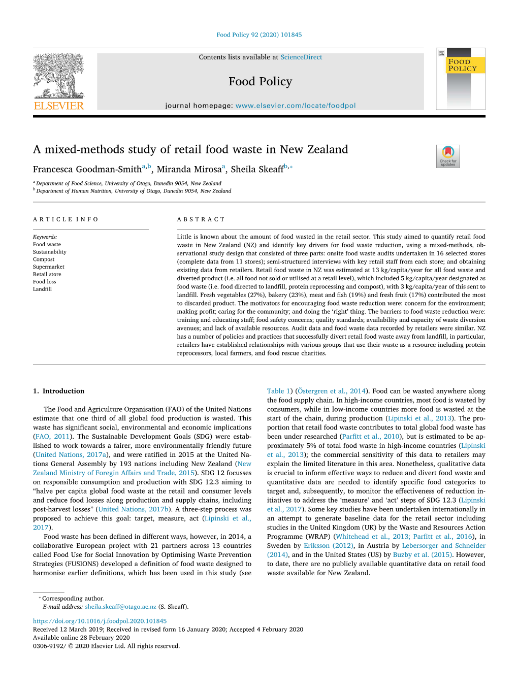 A Mixed-Methods Study of Retail Food Waste in New Zealand