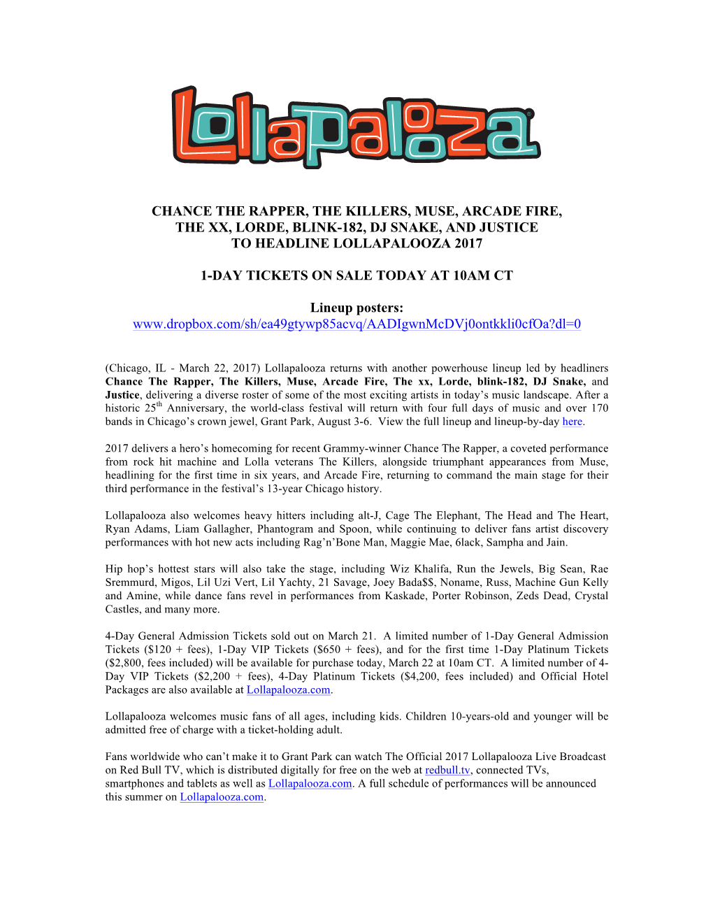 Chance the Rapper, the Killers, Muse, Arcade Fire, the Xx, Lorde, Blink-182, Dj Snake, and Justice to Headline Lollapalooza 2017