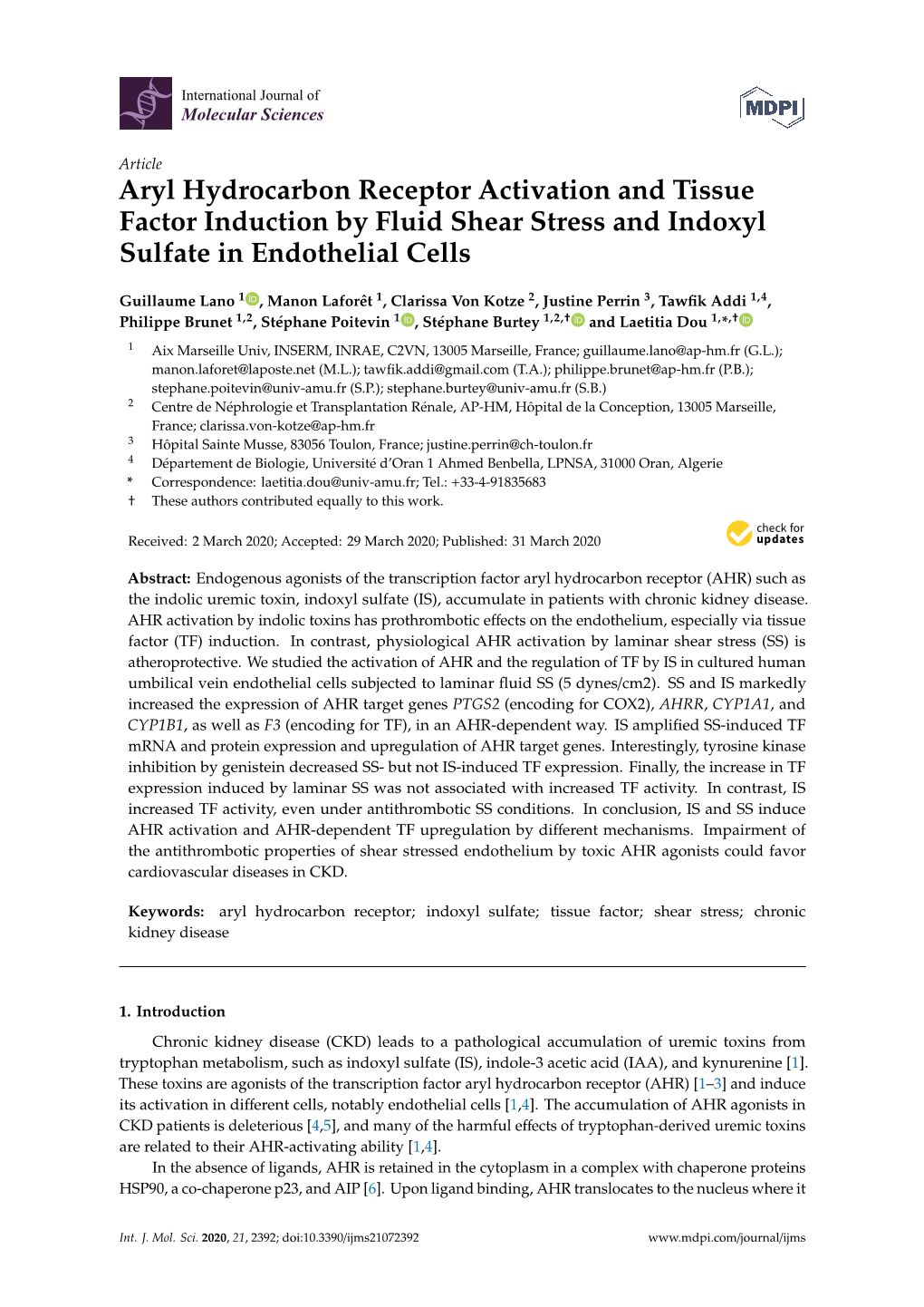 Aryl Hydrocarbon Receptor Activation and Tissue Factor Induction by Fluid Shear Stress and Indoxyl Sulfate in Endothelial Cells